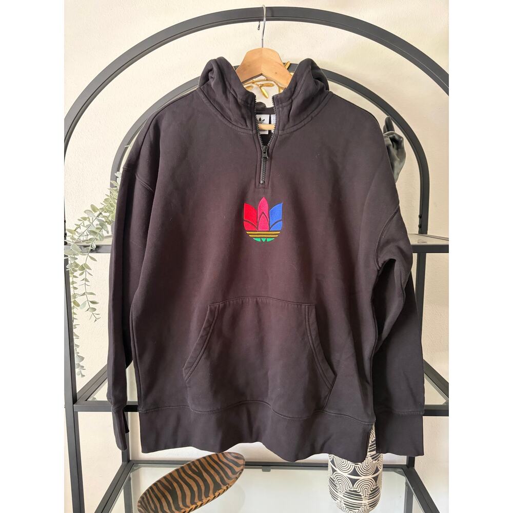 Adidas Originals Trefoil Quarter Zip Hoodie Womens XS Black Oversized Fleece